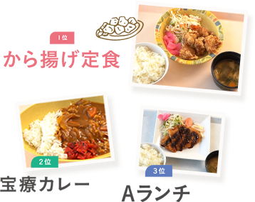 1位 から揚げ定食 2位 宝療カレー 3位 Aランチ