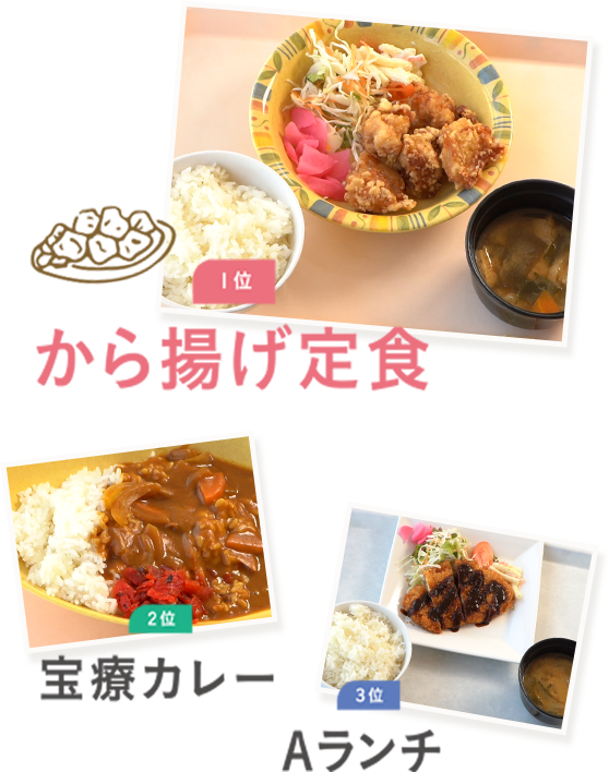 1位 から揚げ定食 2位 宝療カレー 3位 Aランチ